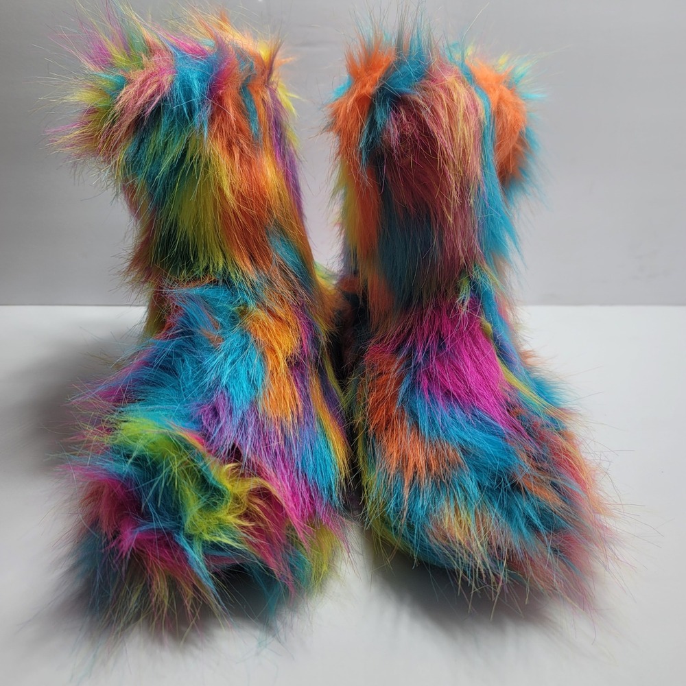 Rainbow Faux Fur Boots Multi Color Shaggy Festival Rave Shoes Womens Size 37